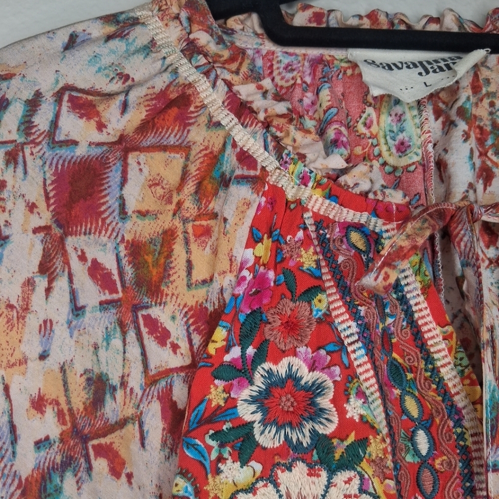 Savanna Jane Mixed Print Floral Embroidered Blouse Ruffle Tie Neck Boho L - Picture 6 of 16